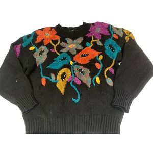 90s 80s Vintage Floral Embroidered‎ Sweater Medium Chunky Knit women's M boho